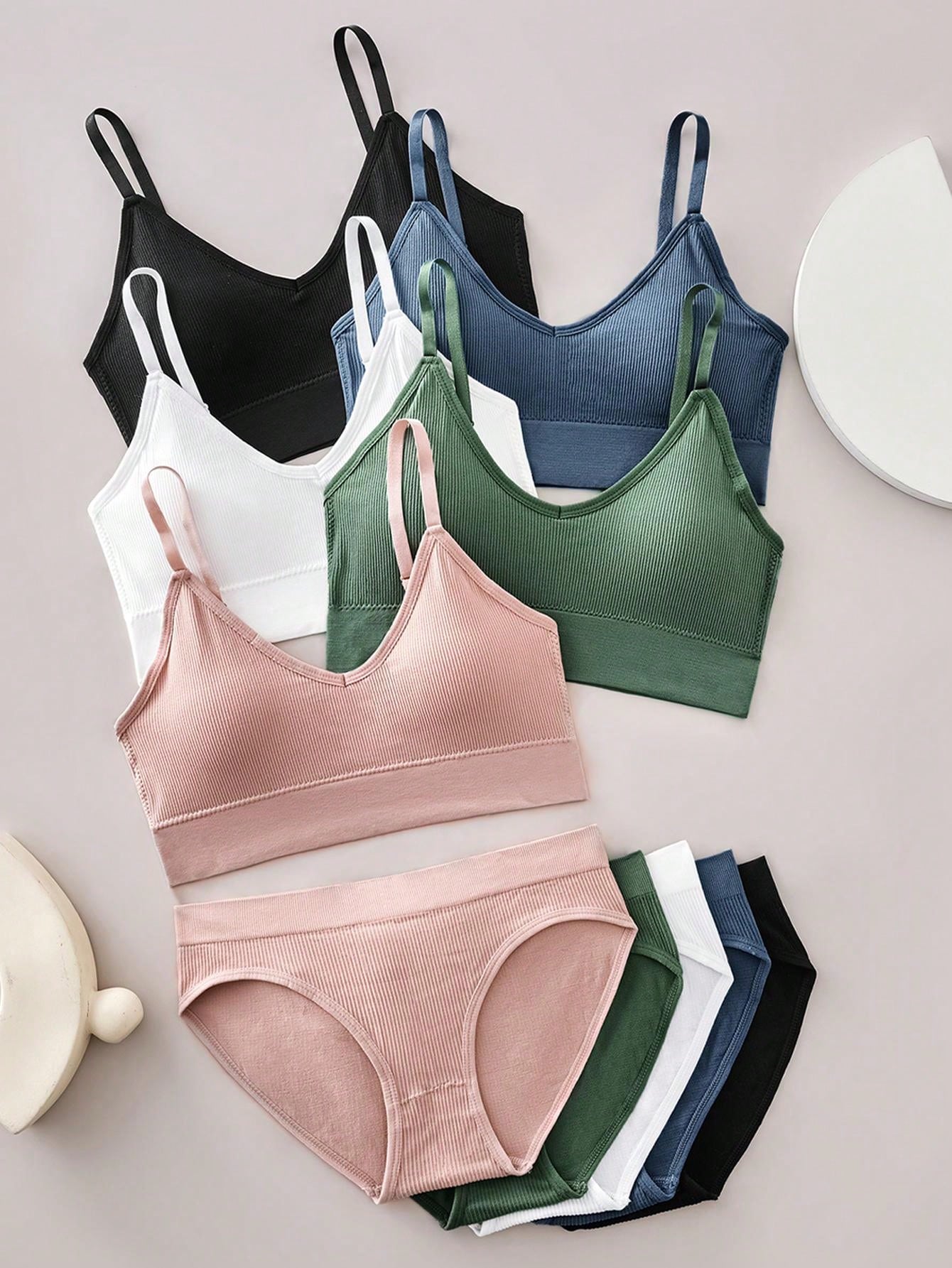 8 Sets Simple Lingerie Set, Solid Seamless Ribbed Cami Bra & Panties, Women's Lingerie & Underwear