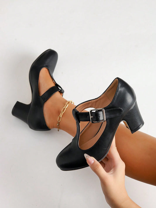 Plus Size Women Wide Width Faux Leather Mary Jane Strap Platform Chunky High Heel Dress Shoes, Formal Work Pumps, Black, Suitable For Outdoor And Everyday