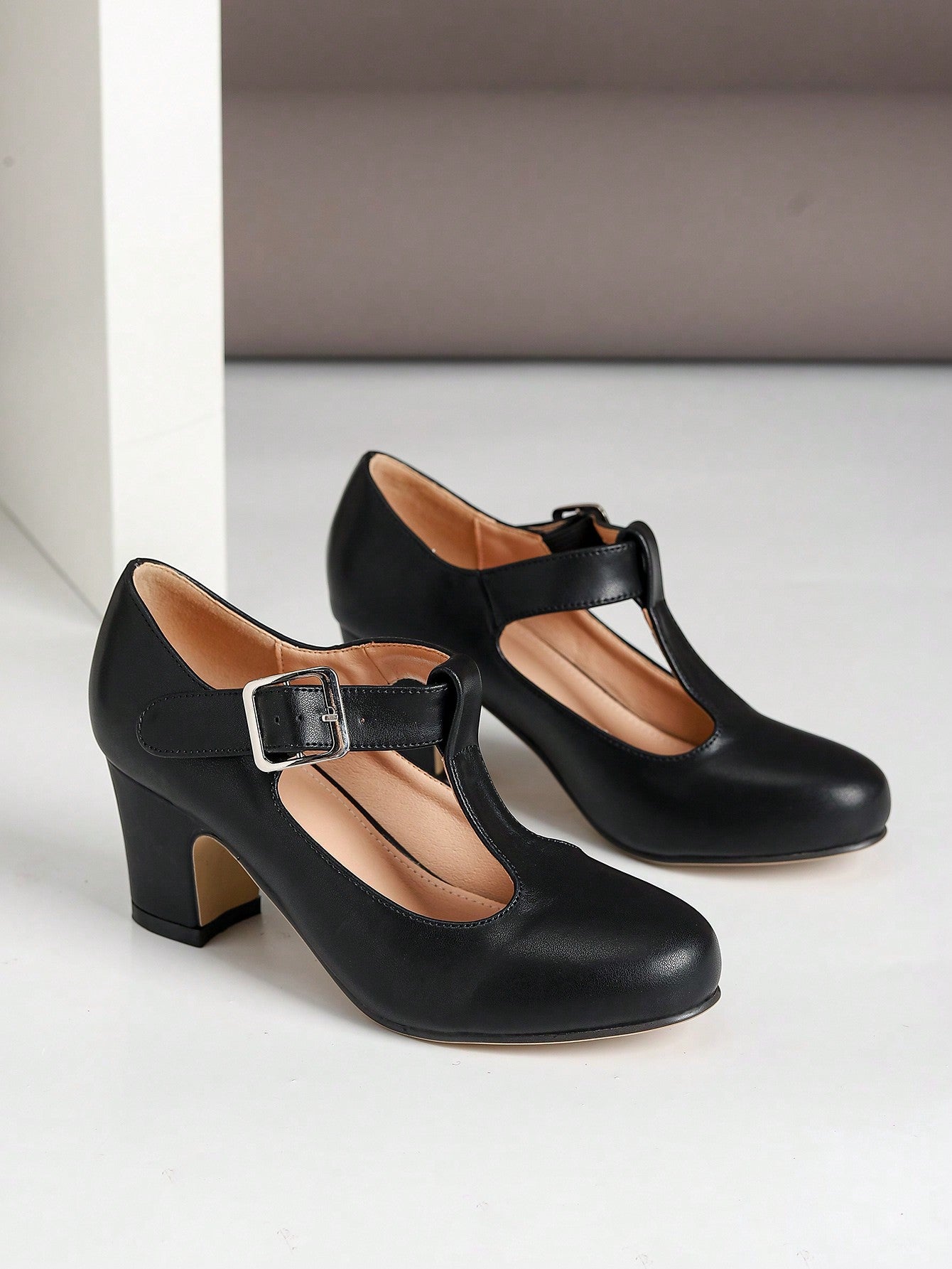 Plus Size Women Wide Width Faux Leather Mary Jane Strap Platform Chunky High Heel Dress Shoes, Formal Work Pumps, Black, Suitable For Outdoor And Everyday