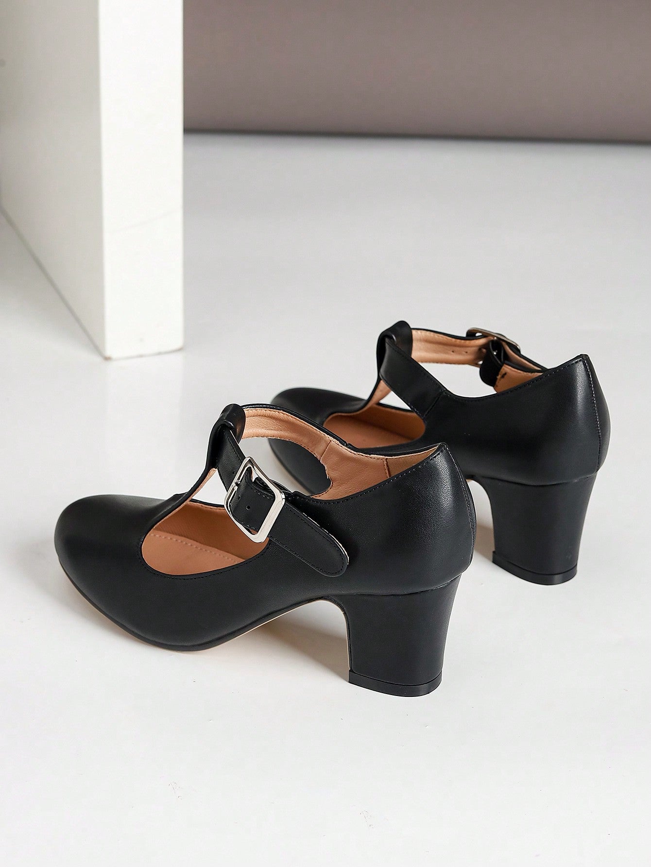 Plus Size Women Wide Width Faux Leather Mary Jane Strap Platform Chunky High Heel Dress Shoes, Formal Work Pumps, Black, Suitable For Outdoor And Everyday