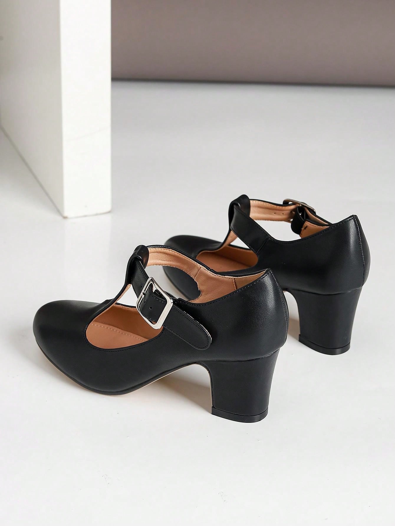 Plus Size Women Wide Width Faux Leather Mary Jane Strap Platform Chunky High Heel Dress Shoes, Formal Work Pumps, Black, Suitable For Outdoor And Everyday