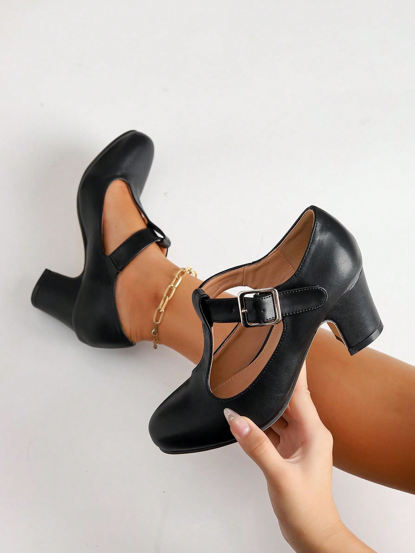 Plus Size Women Wide Width Faux Leather Mary Jane Strap Platform Chunky High Heel Dress Shoes, Formal Work Pumps, Black, Suitable For Outdoor And Everyday