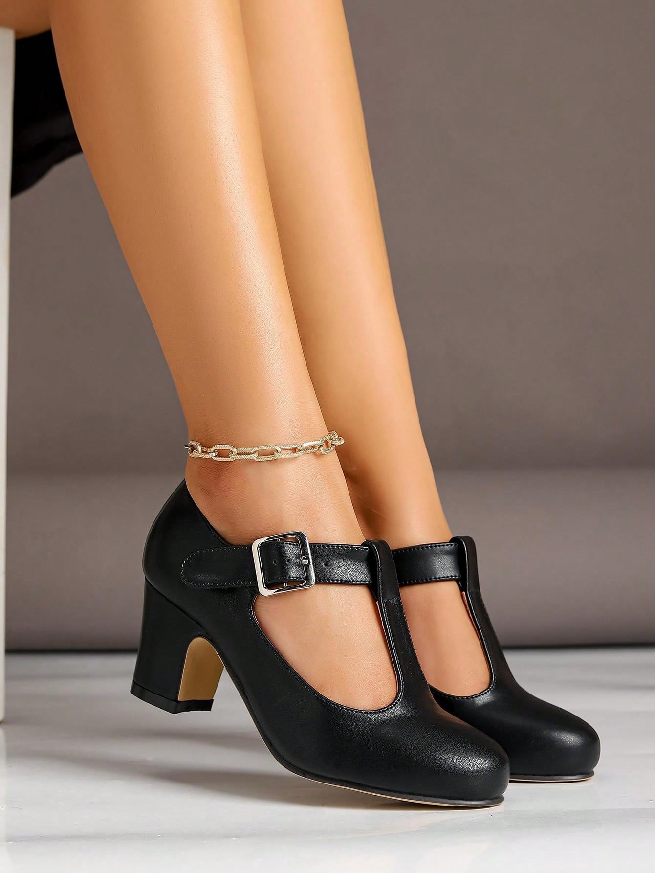 Plus Size Women Wide Width Faux Leather Mary Jane Strap Platform Chunky High Heel Dress Shoes, Formal Work Pumps, Black, Suitable For Outdoor And Everyday