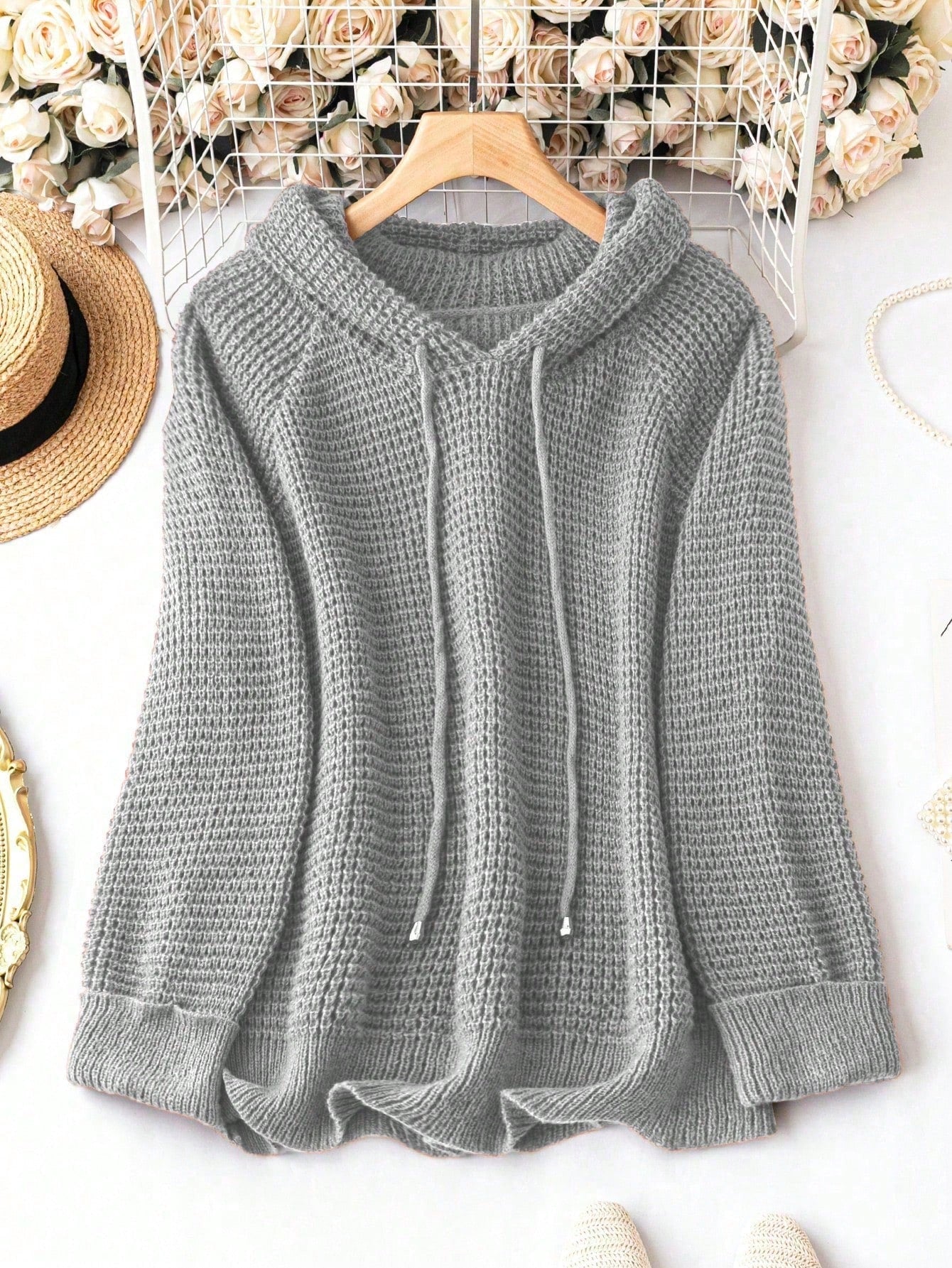 Plus Raglan Sleeve Drawstring Hooded Sweater, Winter