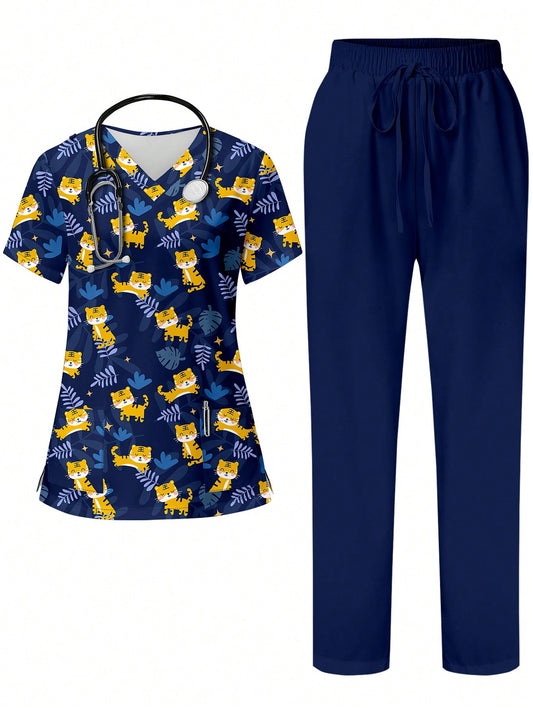 TaskFit Cute Cartoon Tiger Print Women Navy V-Neck Short Sleeve Pocket Nursing Uniform With Hoodie, Scrub Set