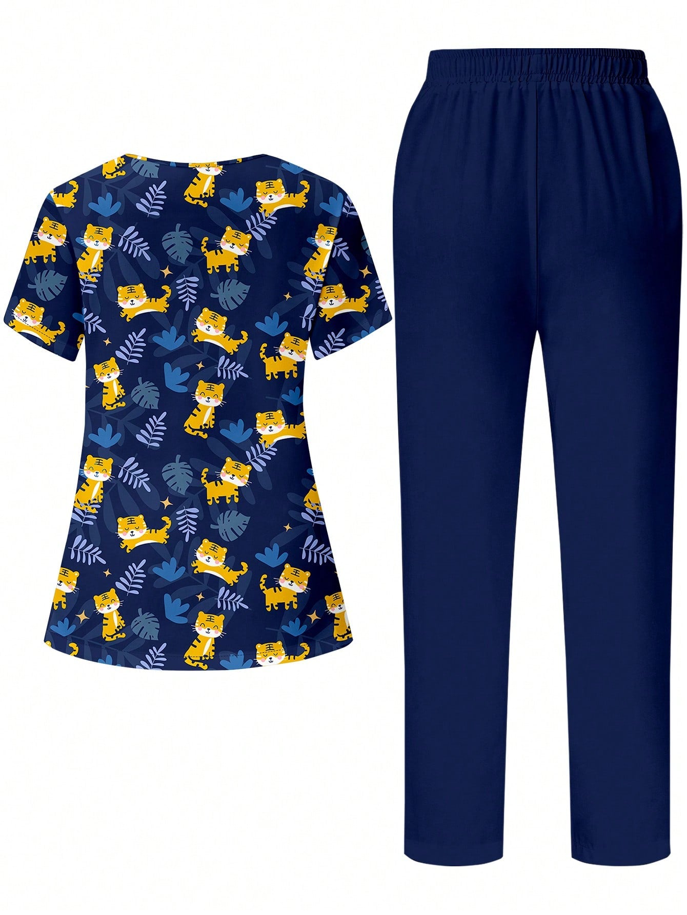 TaskFit Cute Cartoon Tiger Print Women Navy V-Neck Short Sleeve Pocket Nursing Uniform With Hoodie, Scrub Set