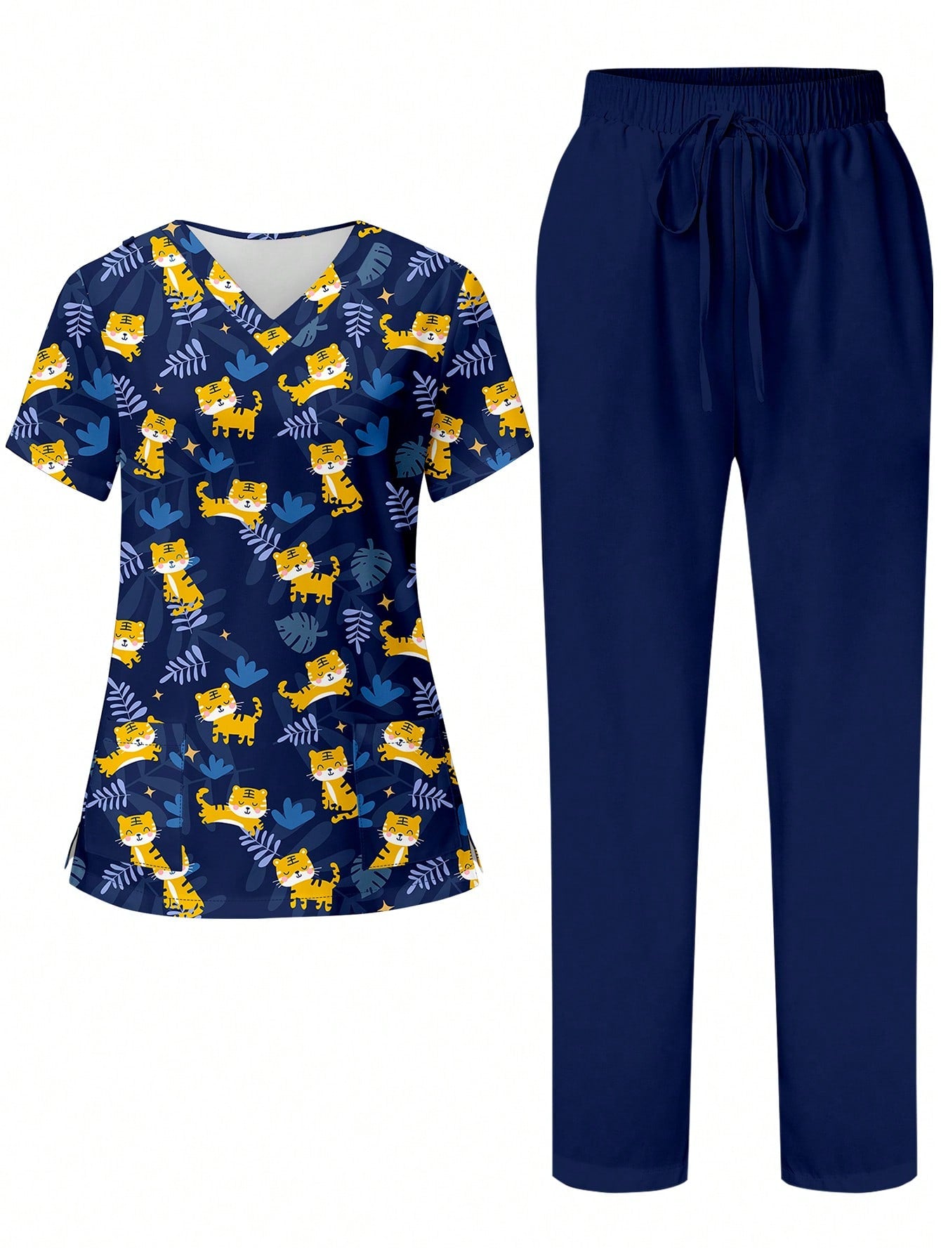 TaskFit Cute Cartoon Tiger Print Women Navy V-Neck Short Sleeve Pocket Nursing Uniform With Hoodie, Scrub Set
