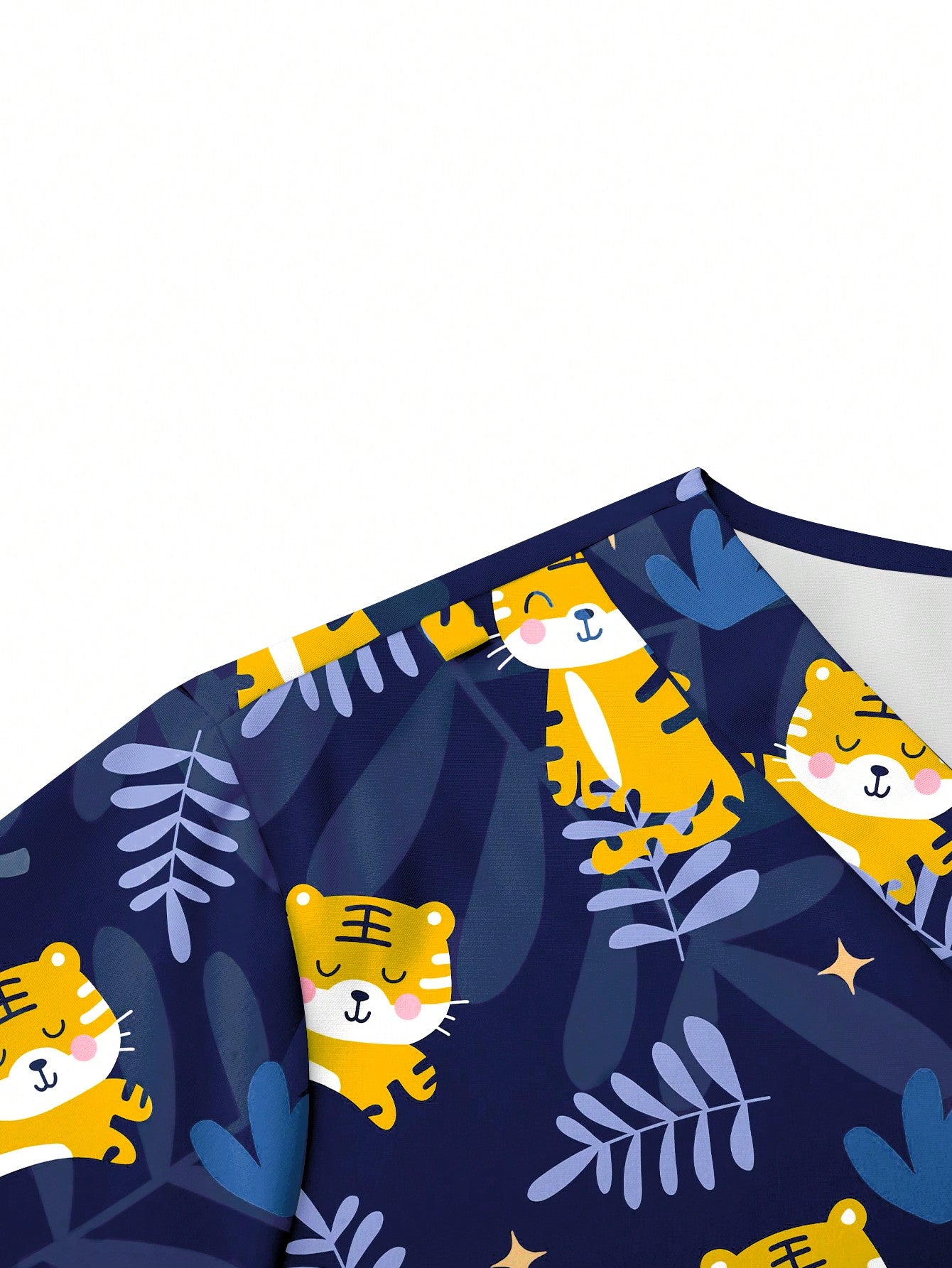 TaskFit Cute Cartoon Tiger Print Women Navy V-Neck Short Sleeve Pocket Nursing Uniform With Hoodie, Scrub Set