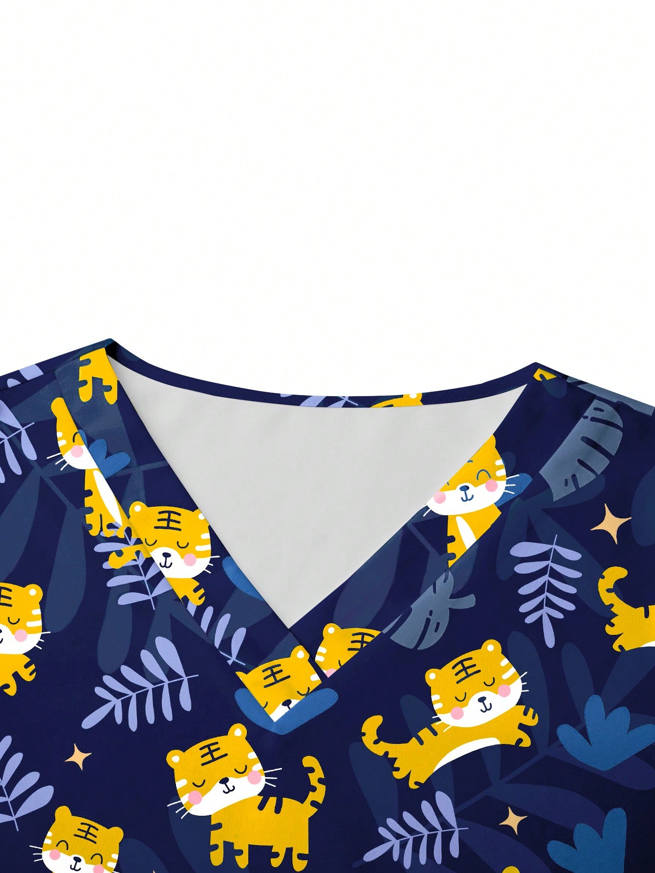 TaskFit Cute Cartoon Tiger Print Women Navy V-Neck Short Sleeve Pocket Nursing Uniform With Hoodie, Scrub Set