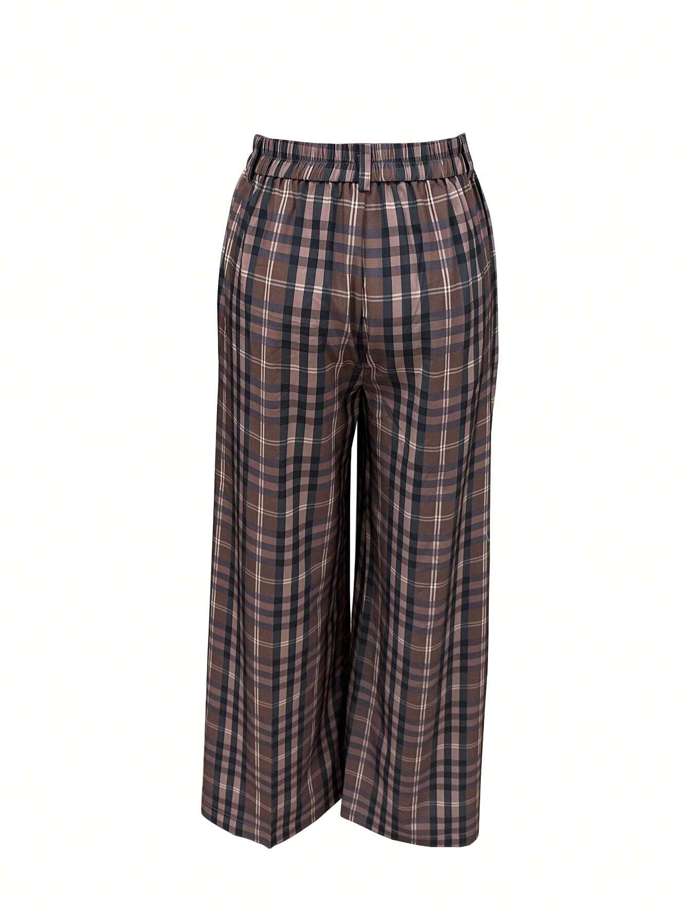 Women Casual Plaid Print Loose Wide Leg Pants