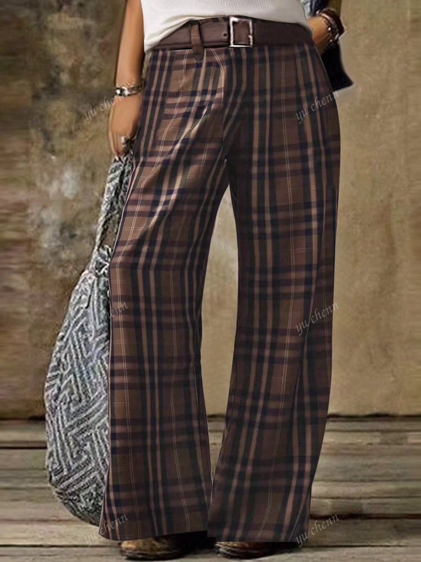 Women Casual Plaid Print Loose Wide Leg Pants