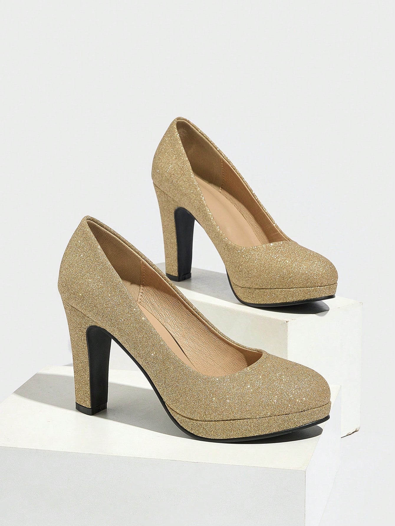 Women's Crystal Strap Round Toe Thick Bottom Waterproof Platform Chunky High Heel Shoes, Elegant Glamorous High-Class Comfortable Versatile Holiday/Christmas Party Pumps