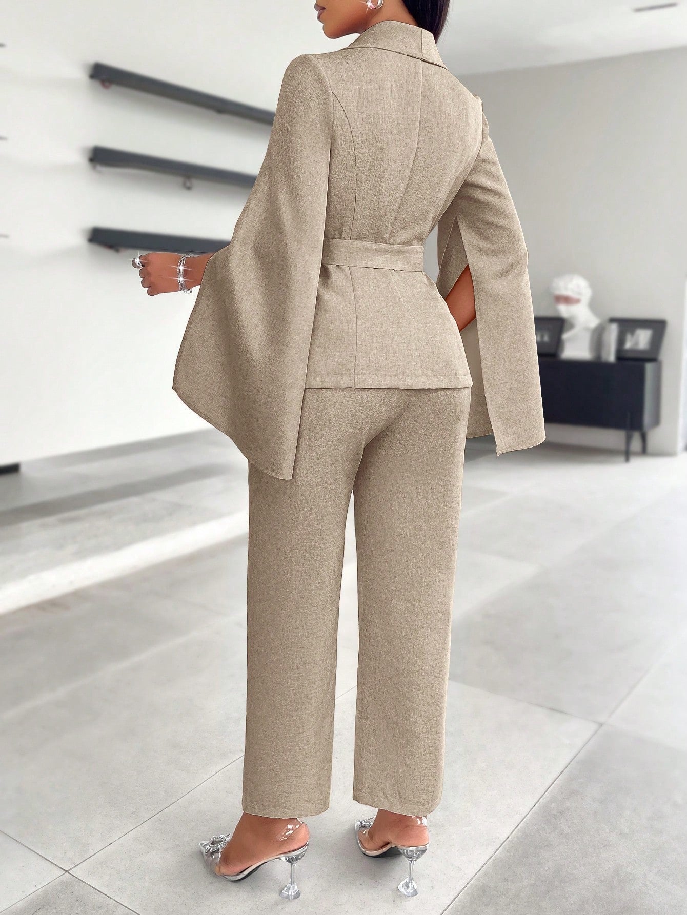 SOLERSUN Glossy Satin Suit Jacket, Women's Suit Set, Business Commuter Suit. Spring And Autumn Season Suits, Autumn And Winter Cape Sleeves, Elegant, Outdoor Clothing