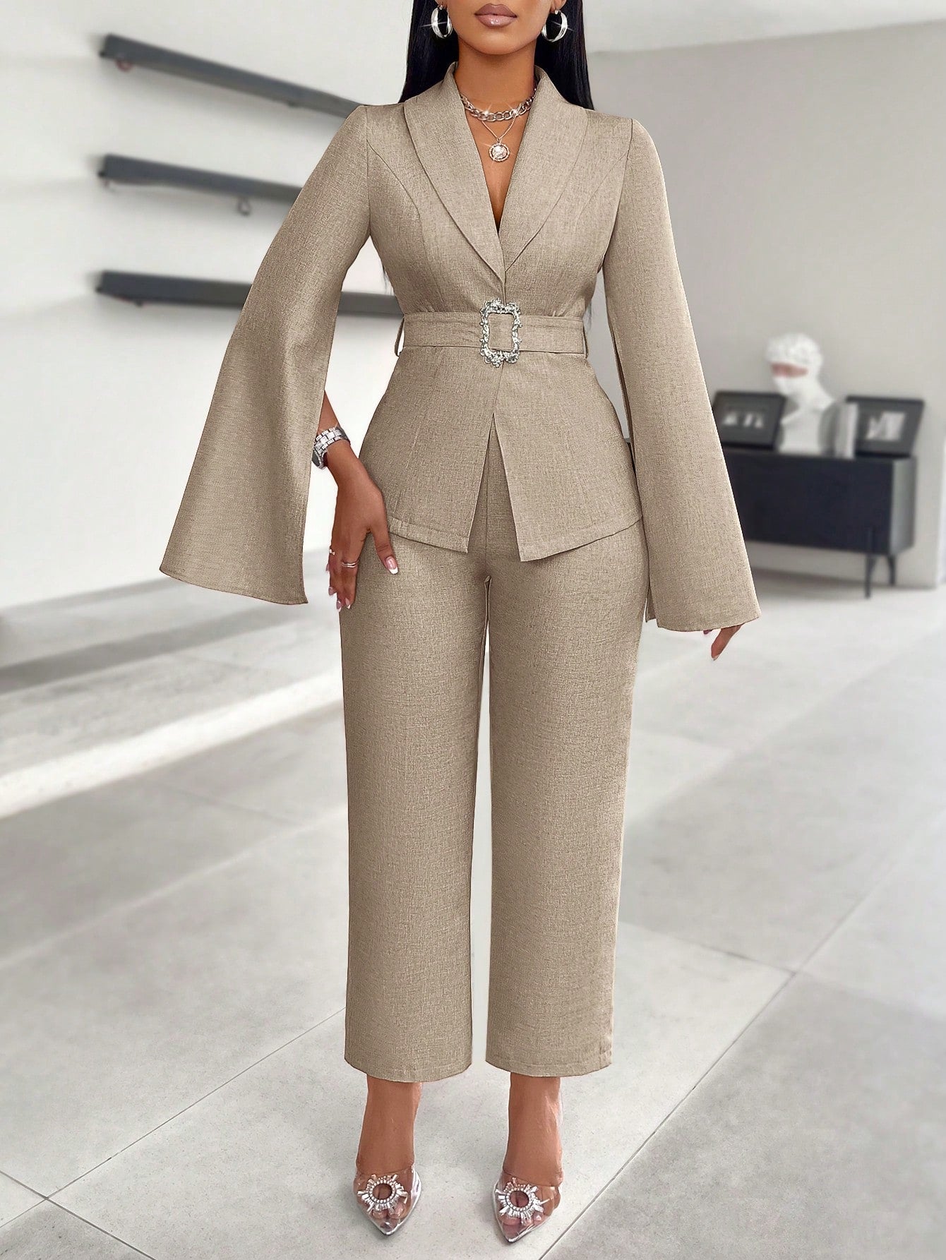 SOLERSUN Glossy Satin Suit Jacket, Women's Suit Set, Business Commuter Suit. Spring And Autumn Season Suits, Autumn And Winter Cape Sleeves, Elegant, Outdoor Clothing