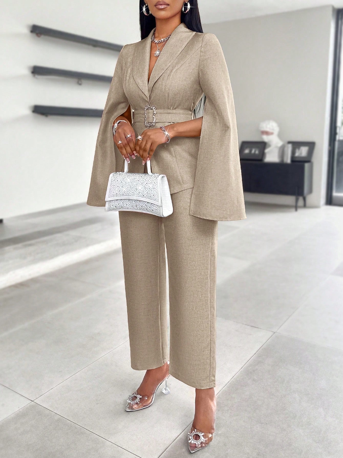 SOLERSUN Glossy Satin Suit Jacket, Women's Suit Set, Business Commuter Suit. Spring And Autumn Season Suits, Autumn And Winter Cape Sleeves, Elegant, Outdoor Clothing