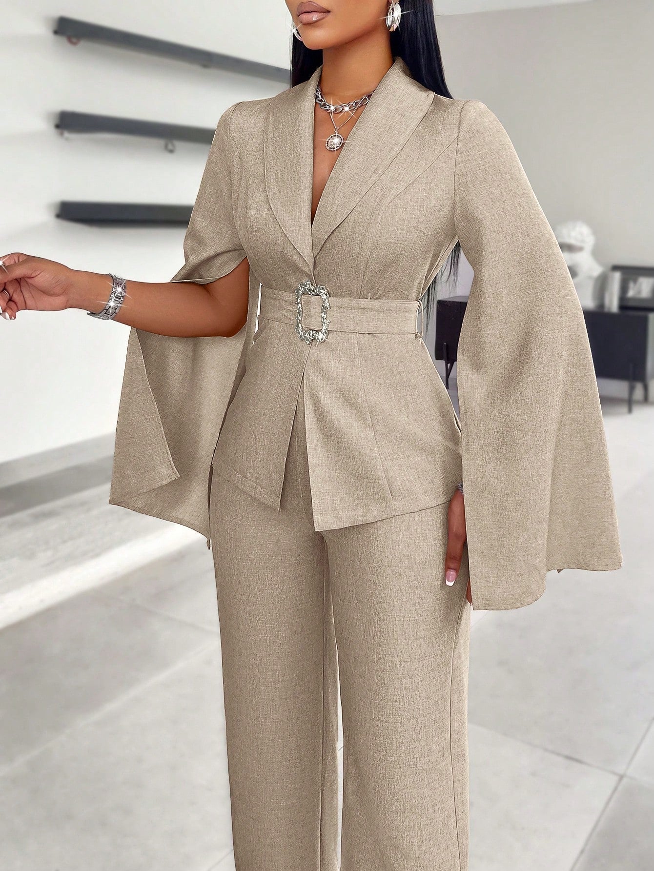 SOLERSUN Glossy Satin Suit Jacket, Women's Suit Set, Business Commuter Suit. Spring And Autumn Season Suits, Autumn And Winter Cape Sleeves, Elegant, Outdoor Clothing