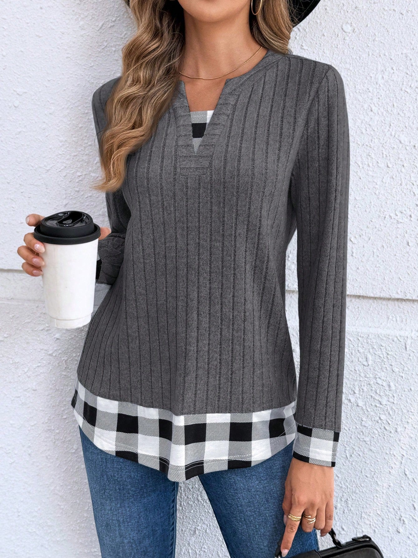 EMERY ROSE Women's Casual Plaid Patchwork Long Sleeve Tops