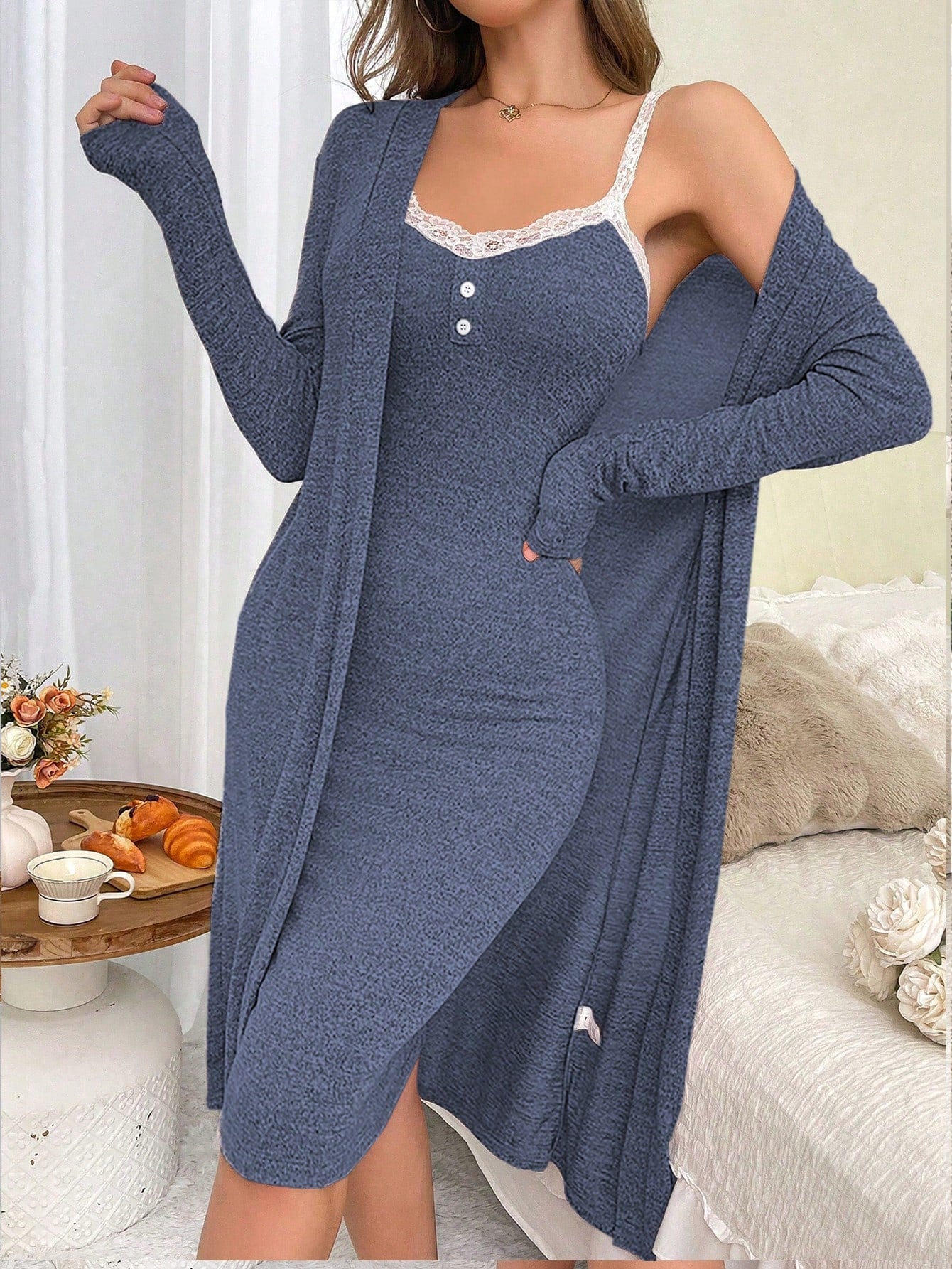 Women Lace Splice Fit Camisole & Cardigan Pajama Set