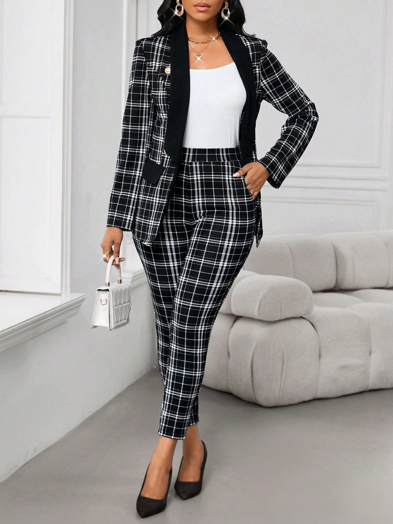Lady Elegant Check Pattern Blazer And Pants Suit Set For Commute, Autumn
