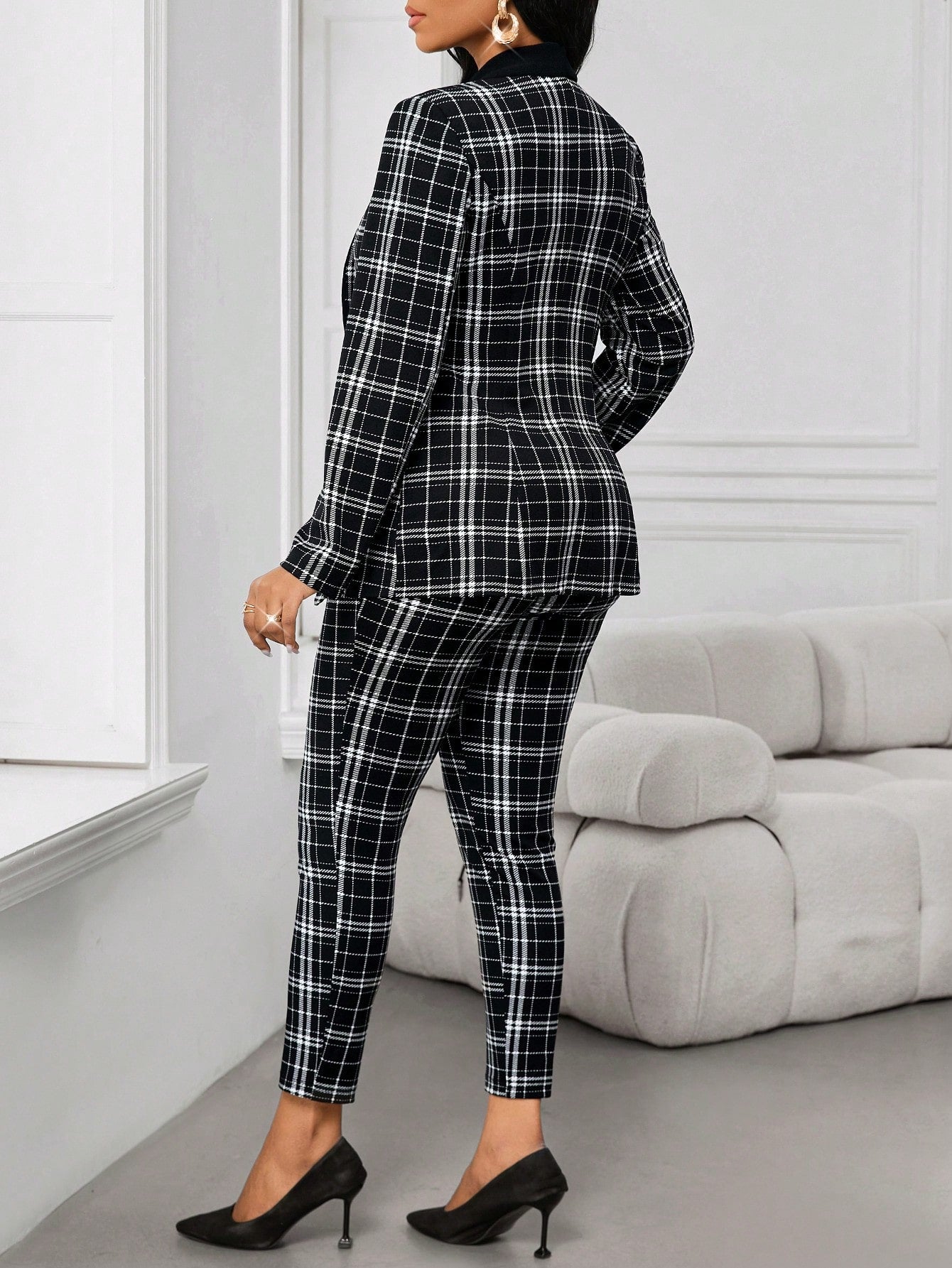 Lady Elegant Check Pattern Blazer And Pants Suit Set For Commute, Autumn