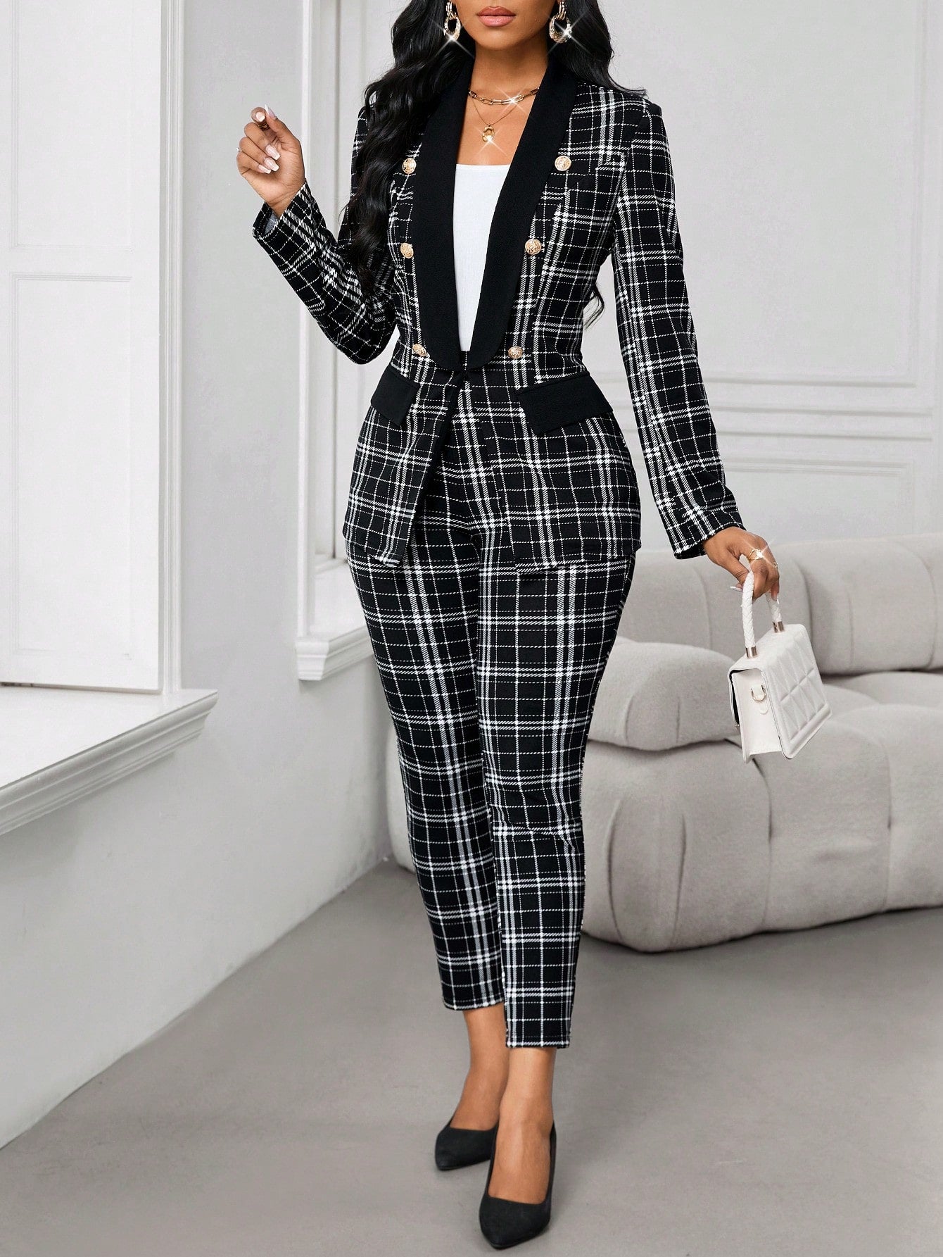 Lady Elegant Check Pattern Blazer And Pants Suit Set For Commute, Autumn