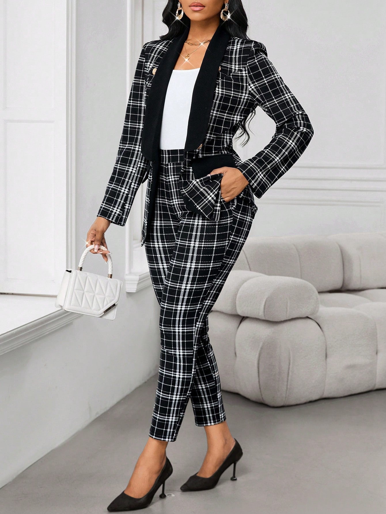 Lady Elegant Check Pattern Blazer And Pants Suit Set For Commute, Autumn