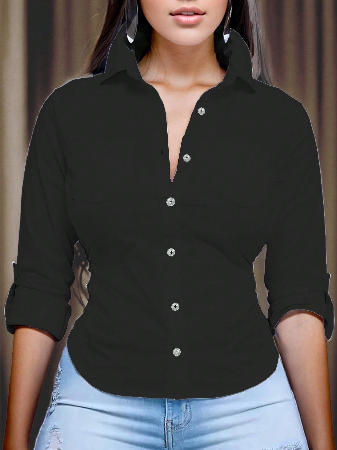 Relaxiva Women's Solid Color Rolled Sleeve Shirt,Long Sleeve Tops