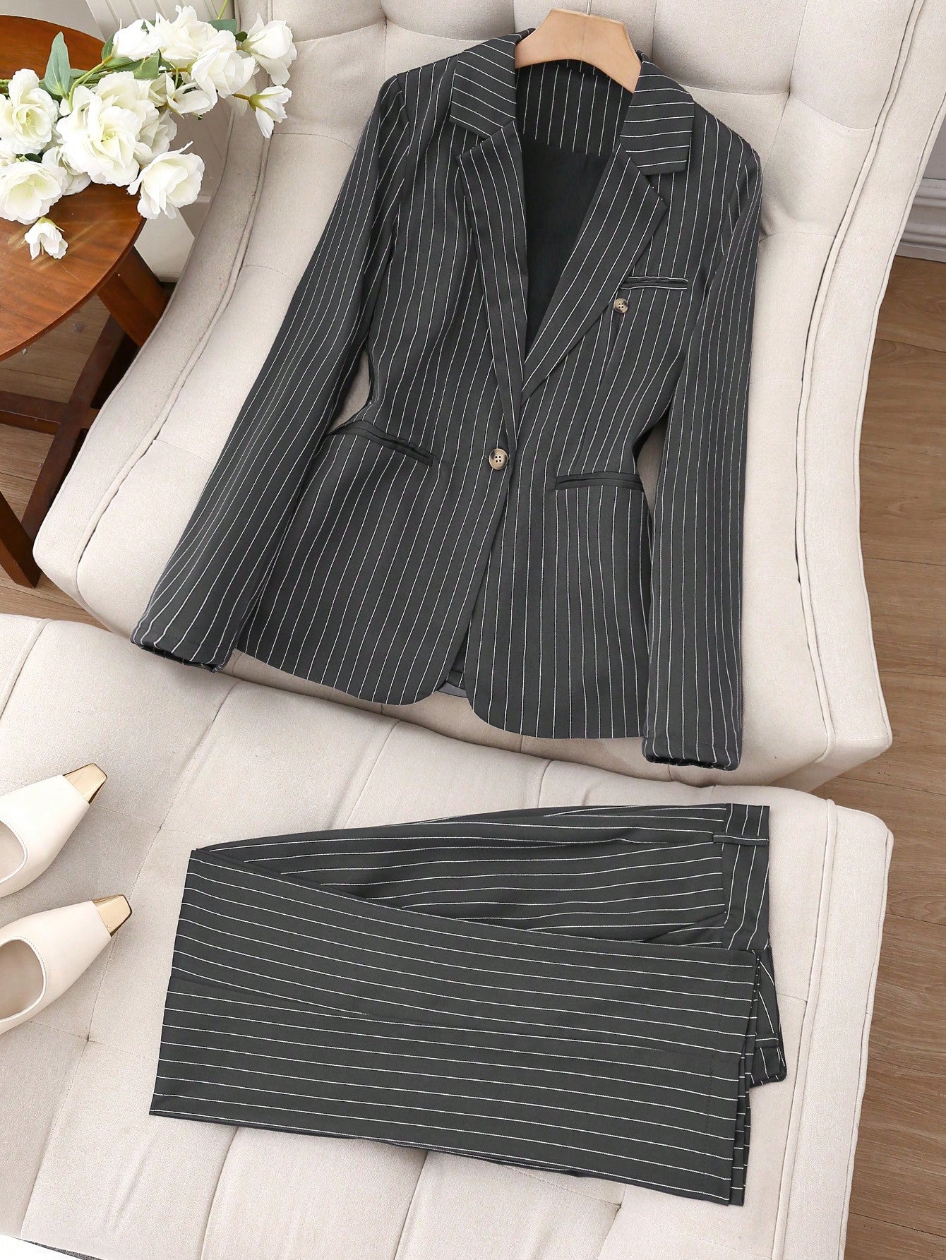 LUNE Solid Color Single-Breasted Long Sleeve Suit Jacket And Pants, Elegant Suit Set