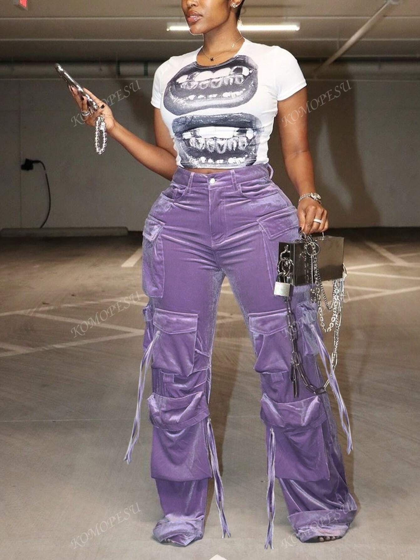 Fashionable Velvet Multi-Pocket Fringed Decorated Cargo Pants