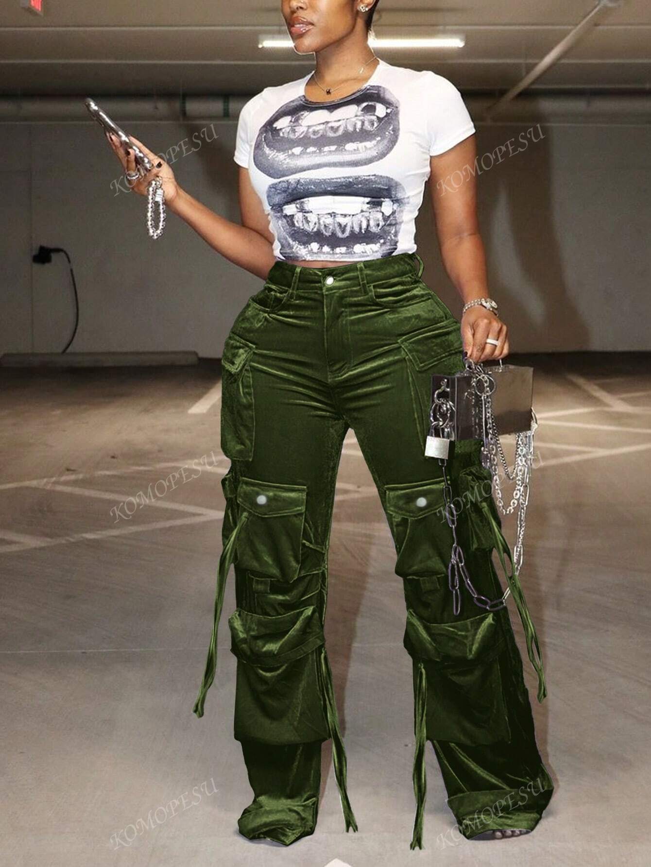 Fashionable Velvet Multi-Pocket Fringed Decorated Cargo Pants