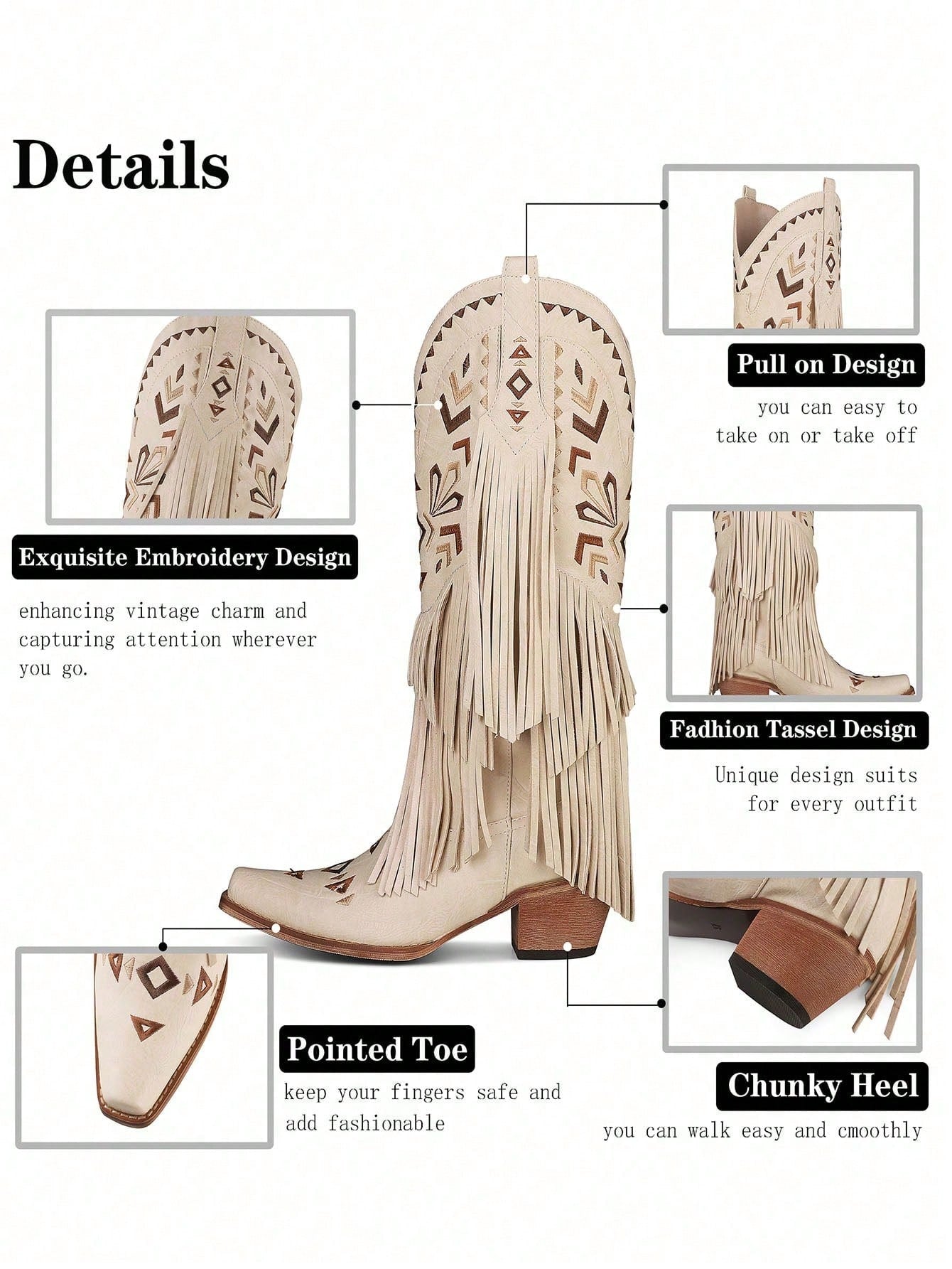 Brown Cowgirl Western Boots Fringe Tassel Chunky High Heels Mid Calf Slip On Retro Casual Fashion Women Ridding Shoes