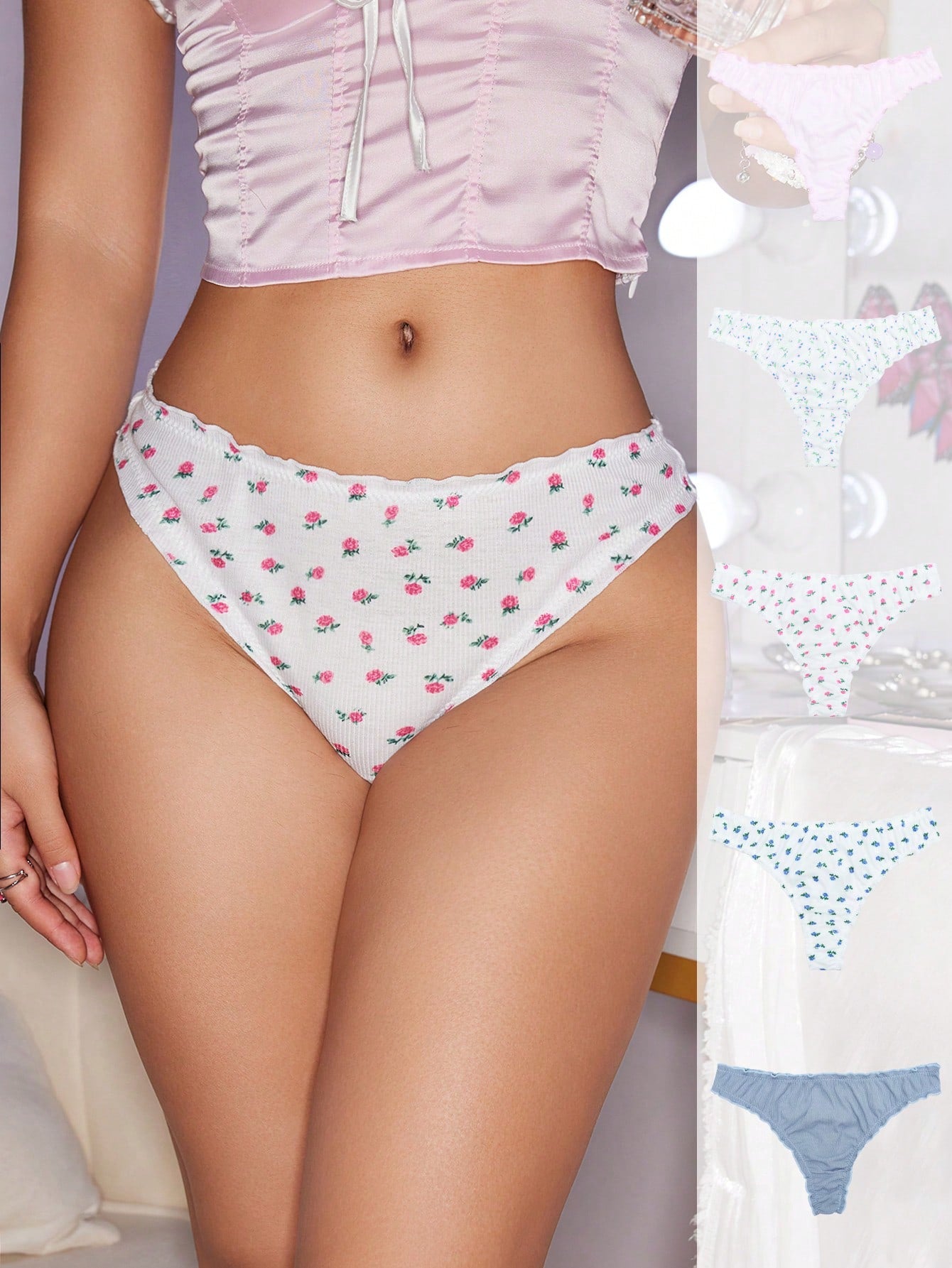 5pack Strawberry Print Lettuce Trim Panty