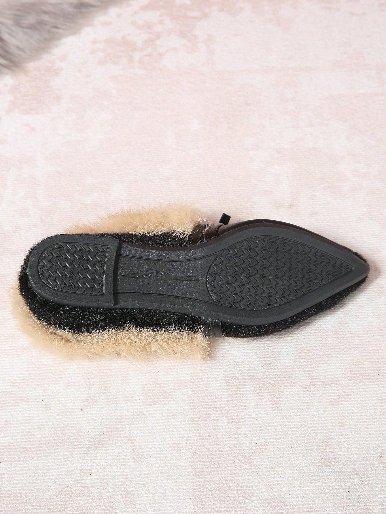 Fashionable Fluffy Flat Shoes, Fluffy Lining Warm Winter Casual Slip-On Shoes With Bow Decor, Pointed Toe, Rubber Sole For Outdoor/Daily Wear