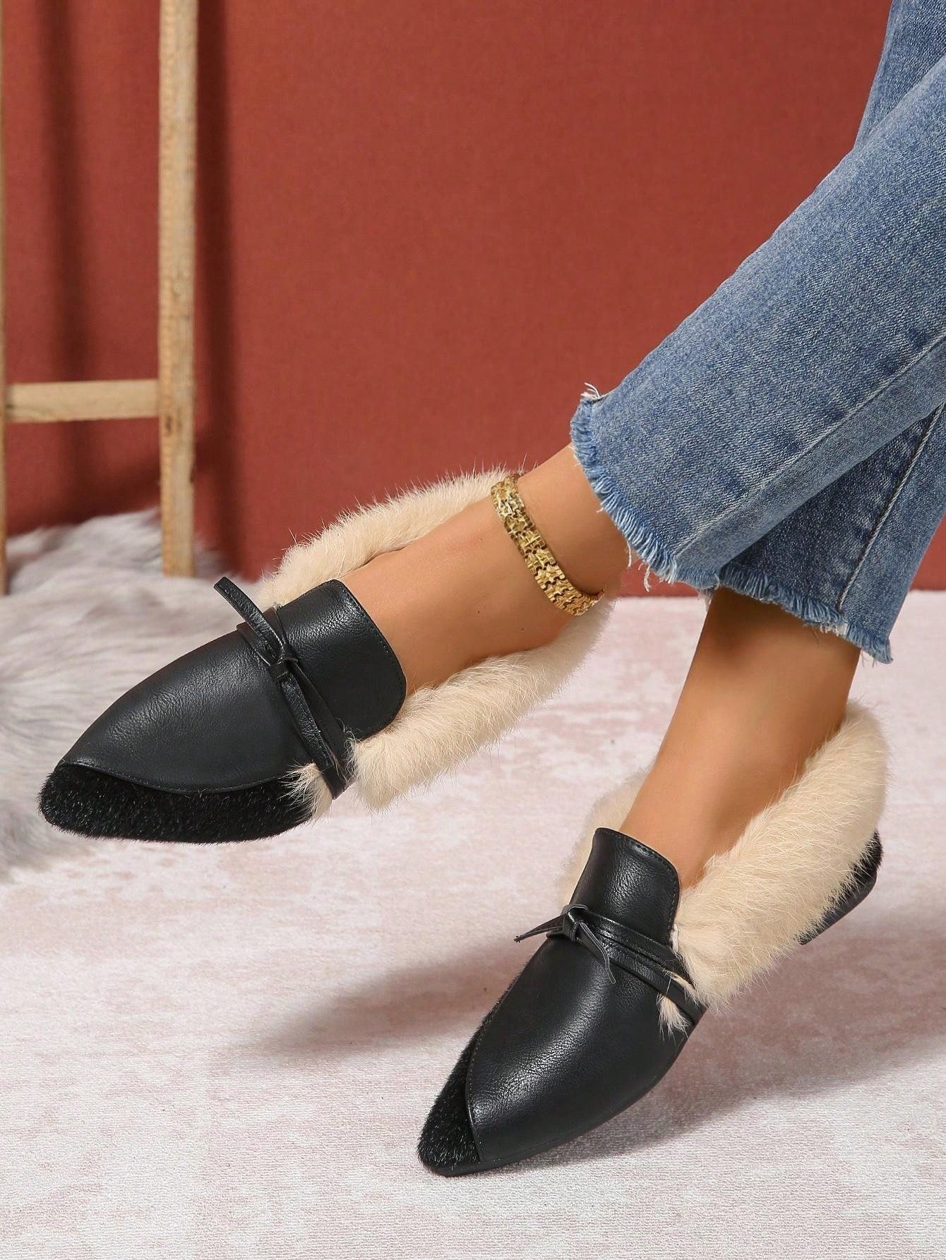 Fashionable Fluffy Flat Shoes, Fluffy Lining Warm Winter Casual Slip-On Shoes With Bow Decor, Pointed Toe, Rubber Sole For Outdoor/Daily Wear