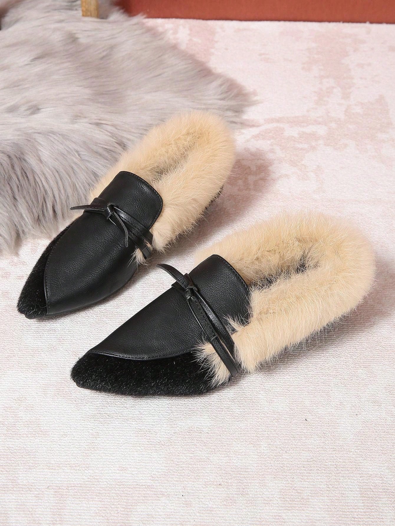 Fashionable Fluffy Flat Shoes, Fluffy Lining Warm Winter Casual Slip-On Shoes With Bow Decor, Pointed Toe, Rubber Sole For Outdoor/Daily Wear