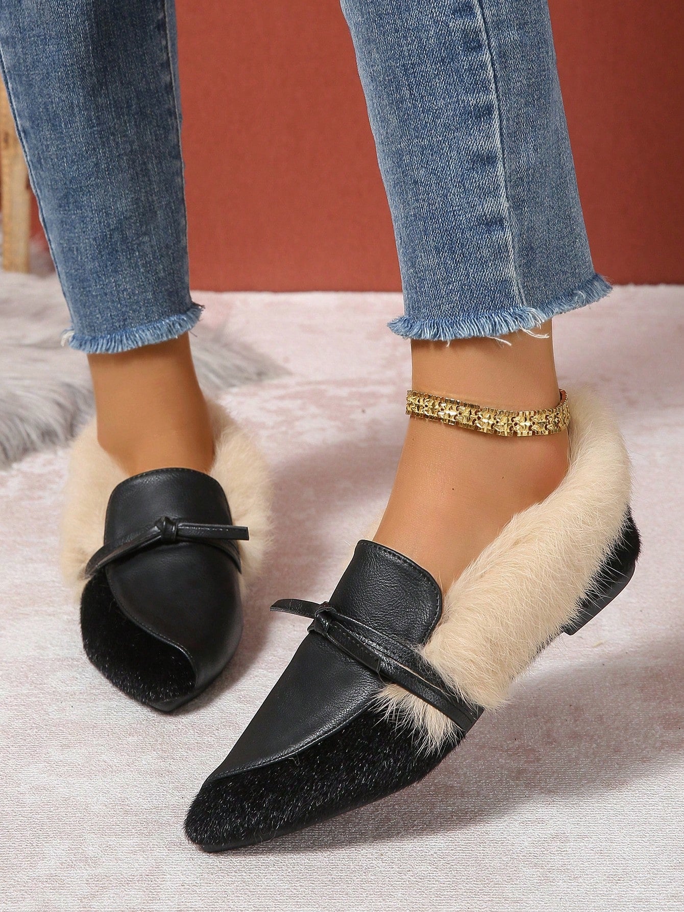 Fashionable Fluffy Flat Shoes, Fluffy Lining Warm Winter Casual Slip-On Shoes With Bow Decor, Pointed Toe, Rubber Sole For Outdoor/Daily Wear