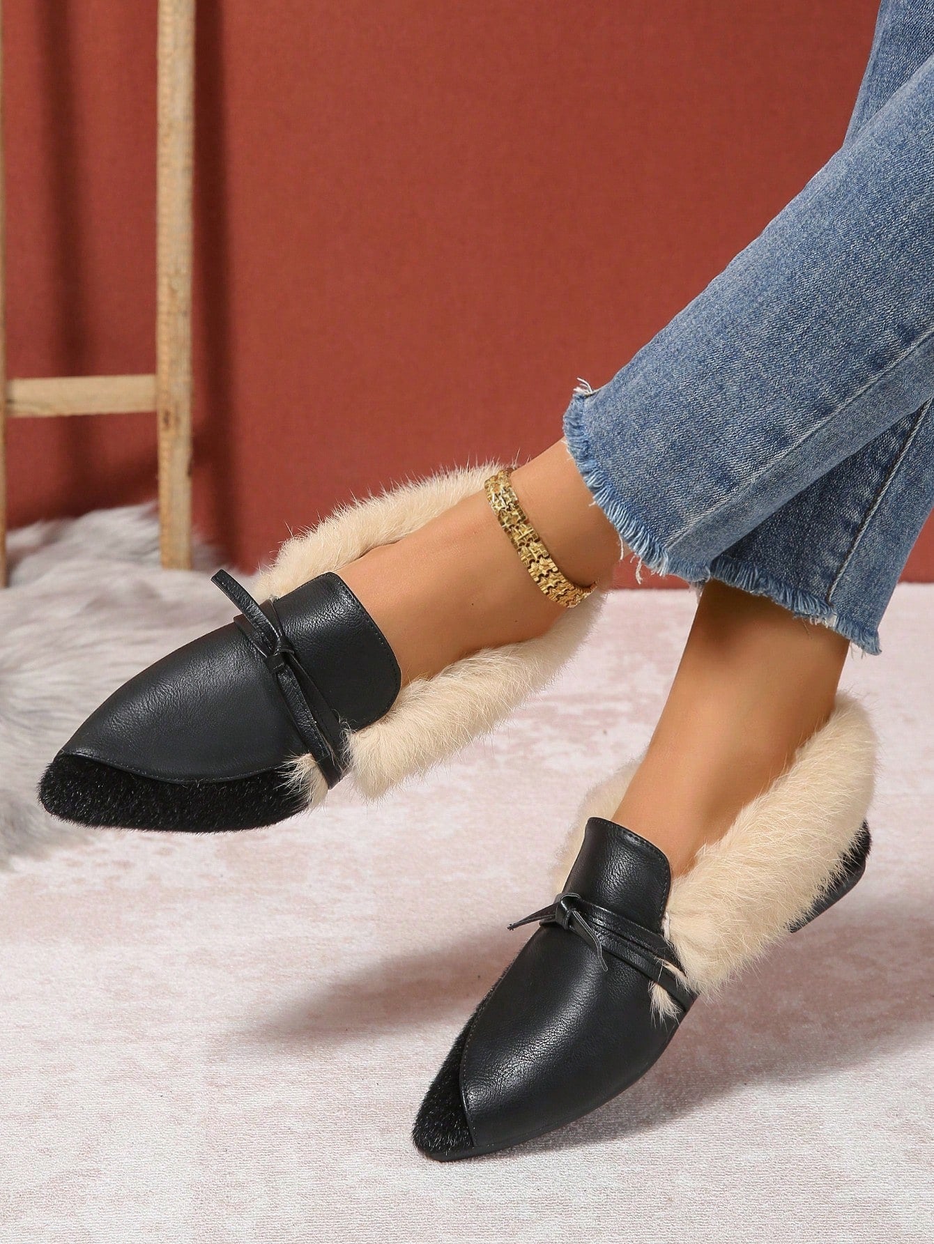 Fashionable Fluffy Flat Shoes, Fluffy Lining Warm Winter Casual Slip-On Shoes With Bow Decor, Pointed Toe, Rubber Sole For Outdoor/Daily Wear
