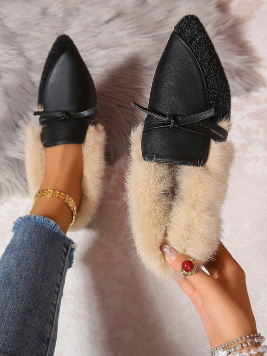 Fashionable Fluffy Flat Shoes, Fluffy Lining Warm Winter Casual Slip-On Shoes With Bow Decor, Pointed Toe, Rubber Sole For Outdoor/Daily Wear