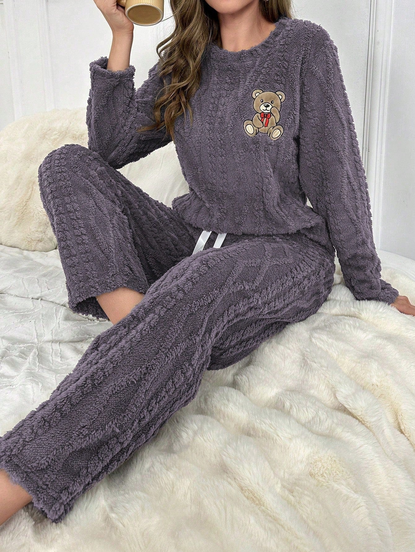 Bear Embroidery Flannel PJ Set / Pajama Set