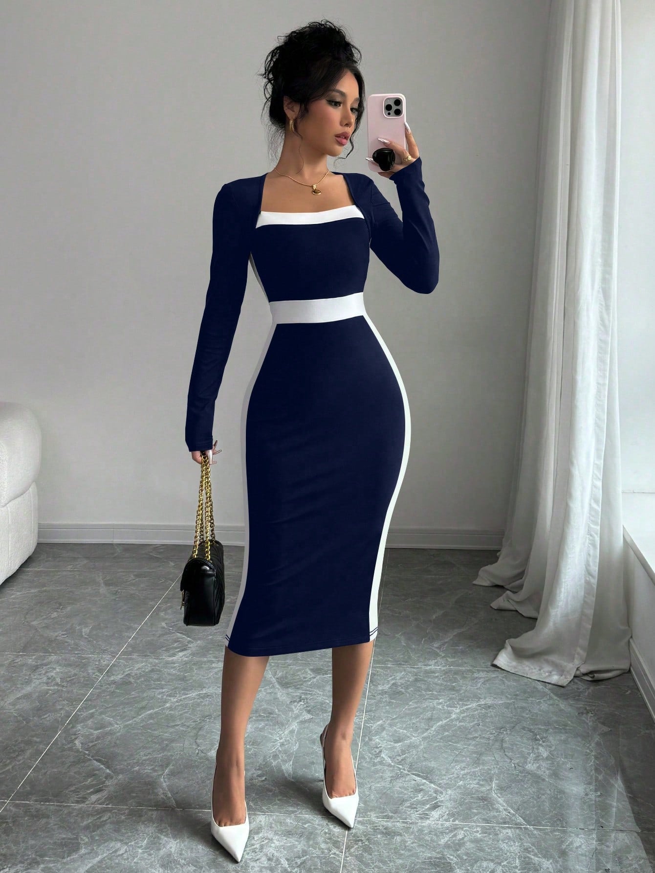 Elenzga Square Neck Color Block Figure Hugging Sexy Women Dress Maxi Women Outfit