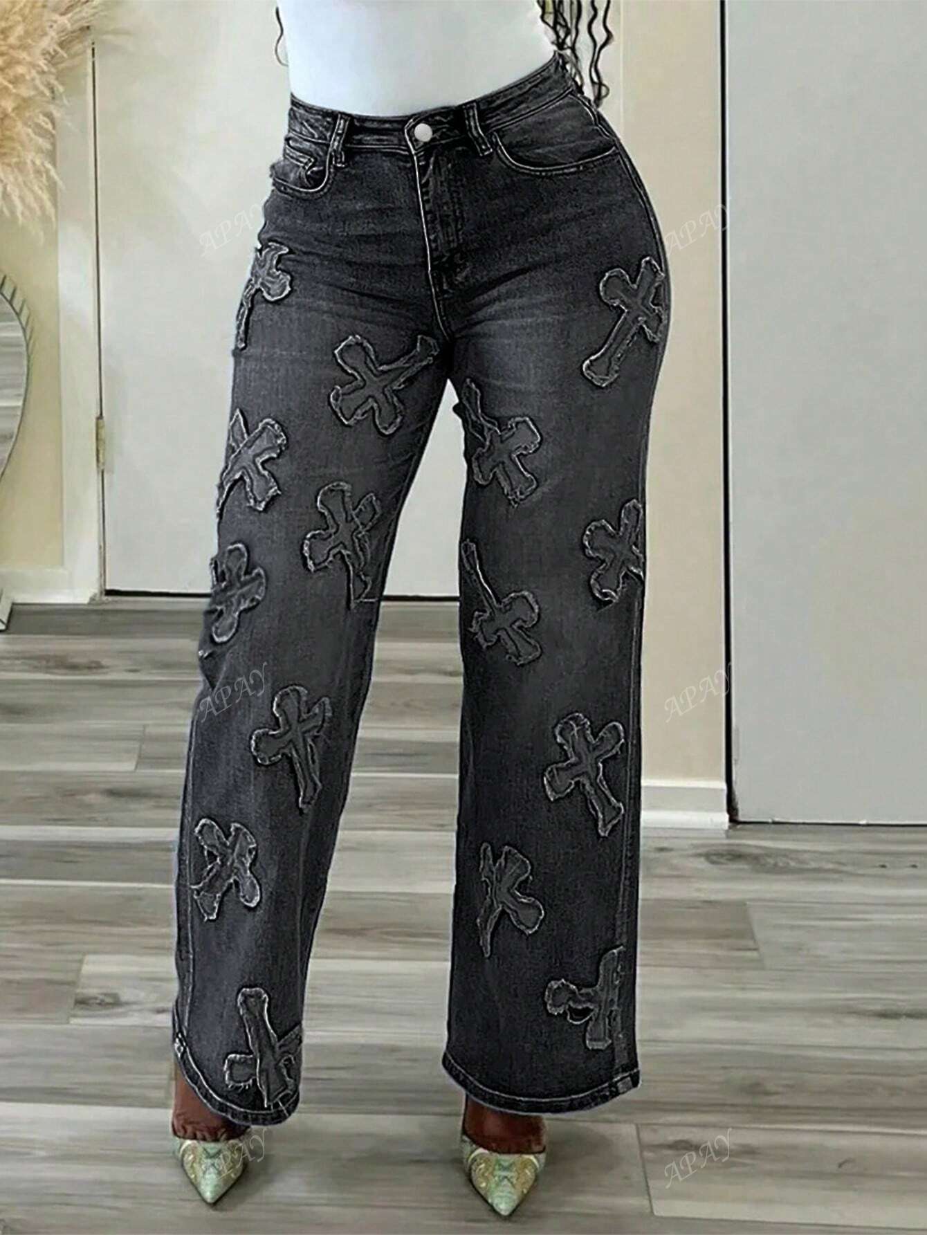Women's Button Decorated Cross Print Casual Straight-Leg Jeans