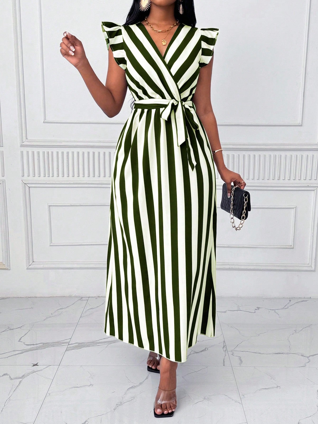 Lyxana Women's V-Neck Cinched Waist Wide Skirt Long Dress With Bow Tie, Black And White Vertical Striped, Long Sleeve Maxi Women Outfit