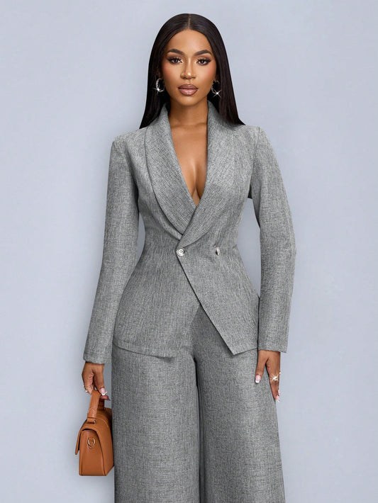 SOLERSUN Winter Clothes For Women Commuting Elegant Old Money Solid Shawl Neck Open Front Long Sleeve Suit Blazer Blazer Women & Wide-Leg Pants Set