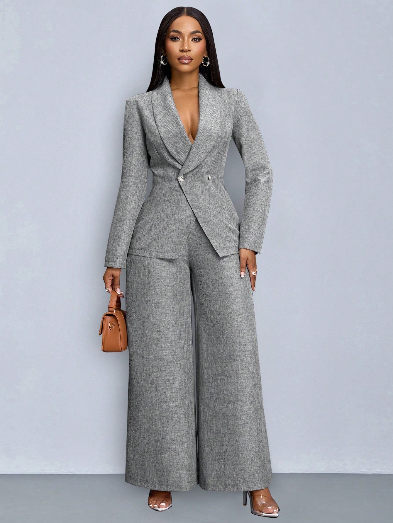 SOLERSUN Winter Clothes For Women Commuting Elegant Old Money Solid Shawl Neck Open Front Long Sleeve Suit Blazer Blazer Women & Wide-Leg Pants Set
