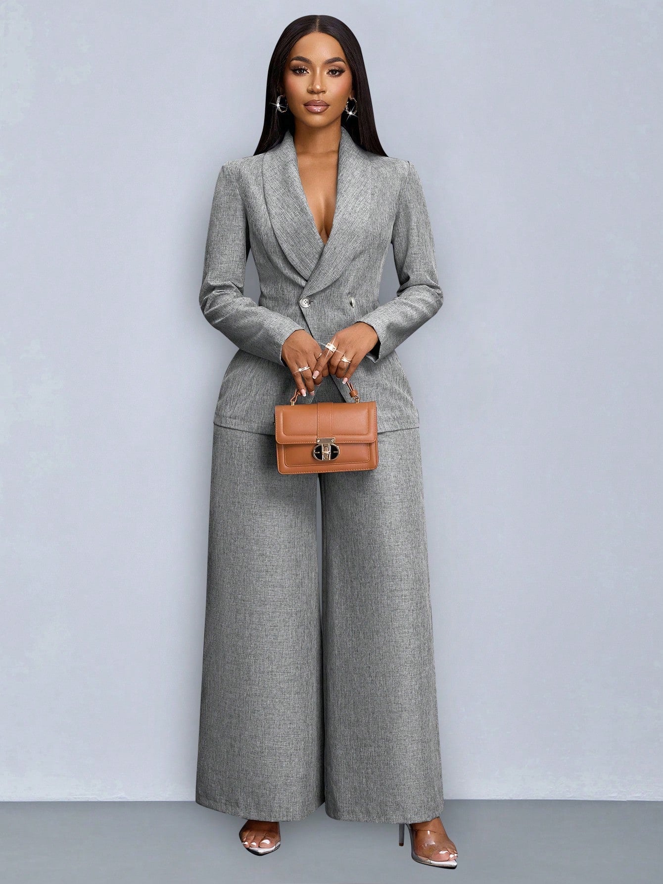 SOLERSUN Winter Clothes For Women Commuting Elegant Old Money Solid Shawl Neck Open Front Long Sleeve Suit Blazer Blazer Women & Wide-Leg Pants Set