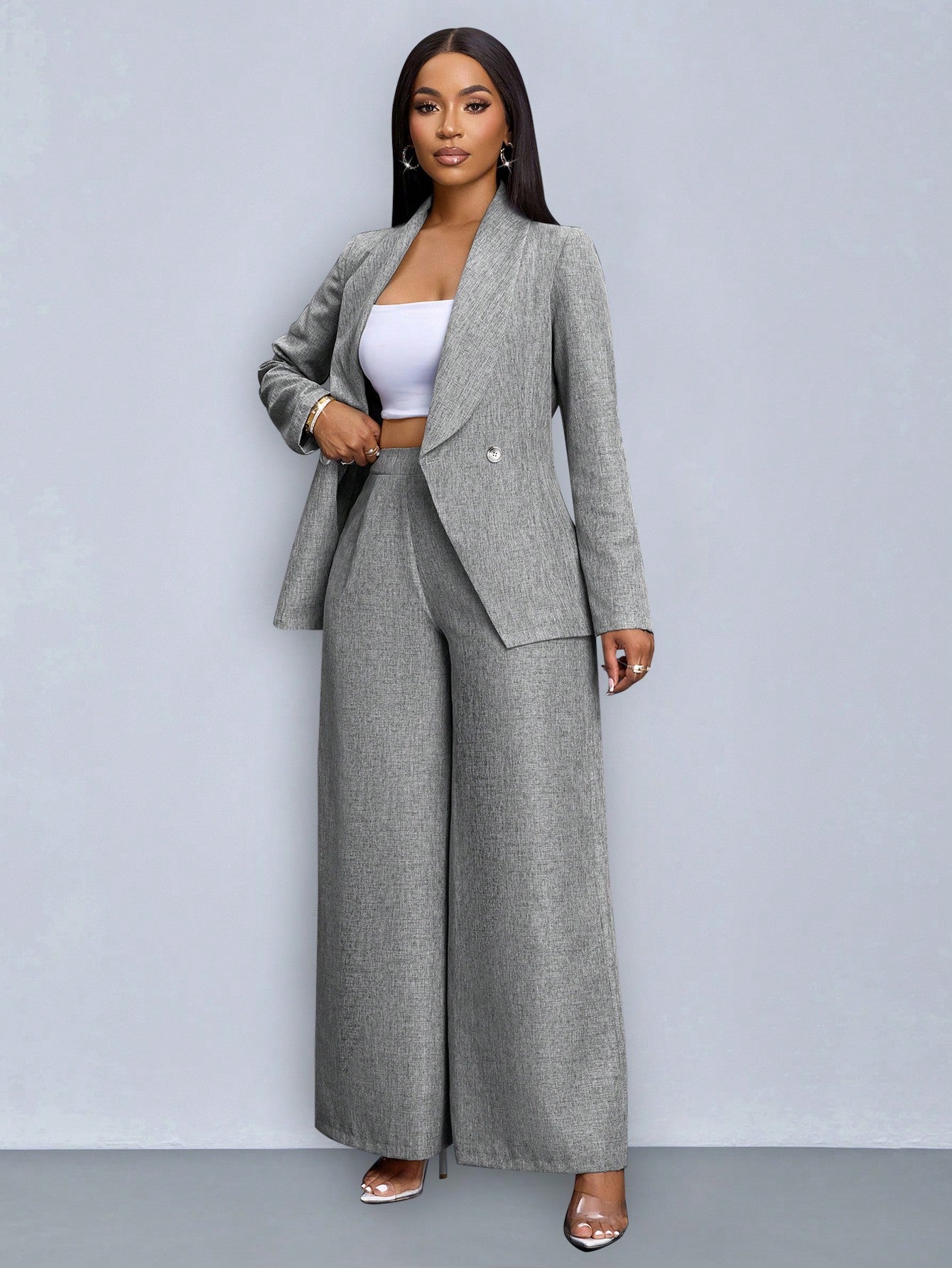SOLERSUN Winter Clothes For Women Commuting Elegant Old Money Solid Shawl Neck Open Front Long Sleeve Suit Blazer Blazer Women & Wide-Leg Pants Set