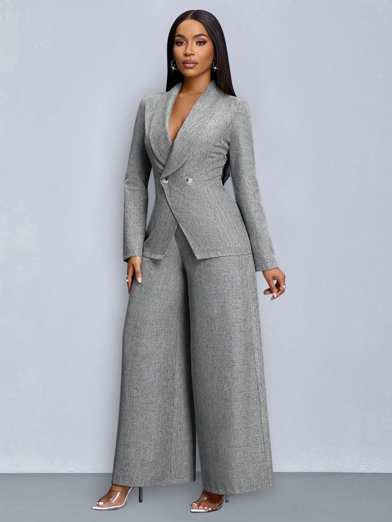 SOLERSUN Winter Clothes For Women Commuting Elegant Old Money Solid Shawl Neck Open Front Long Sleeve Suit Blazer Blazer Women & Wide-Leg Pants Set