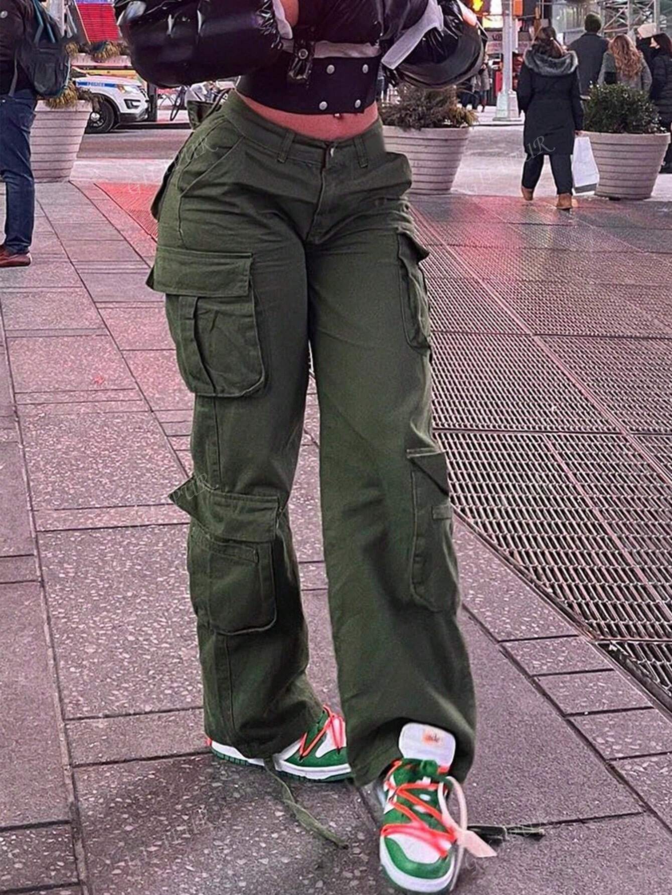 Straight Leg Loose Solid Color Casual Cargo Pants For Women