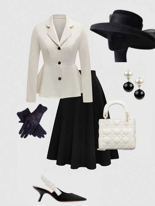 Clasi Plus Size Women Business Casual 2-Piece Set: Collared Waist Cinched Blazer & Pleated Mid-Length Skirt