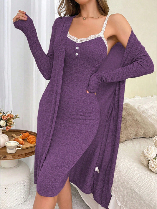 Women Lace Splice Fit Camisole & Cardigan Pajama Set